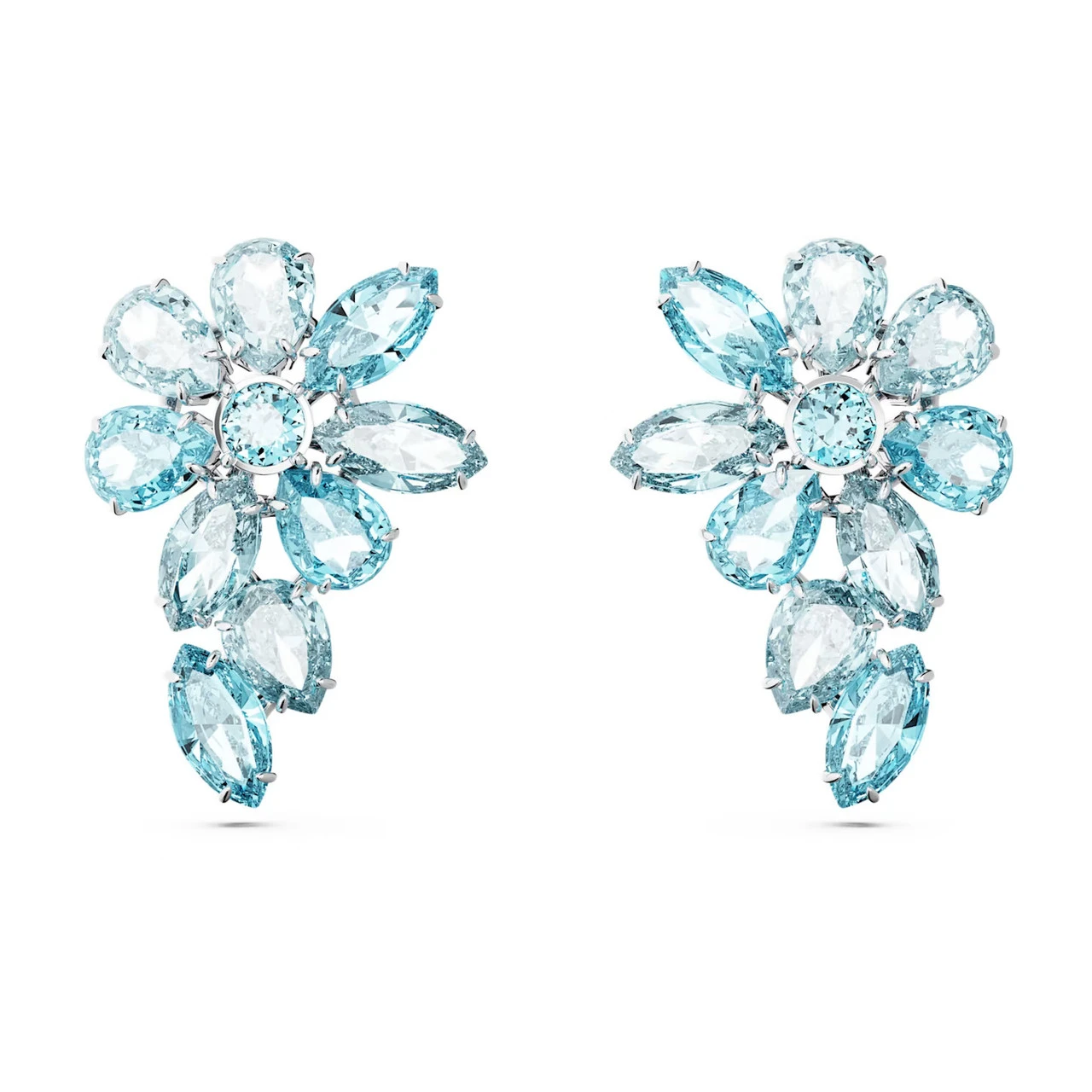 Gema Drop Earrings Mixed Cuts, Flower, Blue, Rhodium Plated 5666016 | Swarovski 3 Gema Drop Earrings Mixed Cuts, Flower, Blue, Rhodium Plated 5666016 | Swarovski