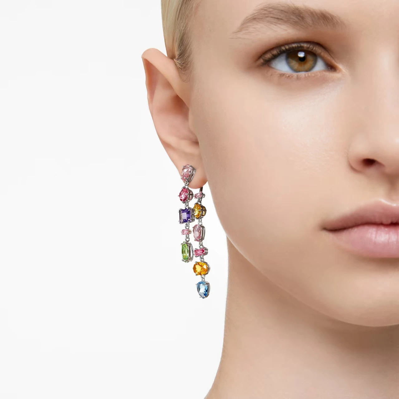 Gema Drop Earrings, Asymmetrical Design, Mixed Cuts, Long, Multicolored, Rhodium Plated 5656417 | Swarovski 7 Gema Drop Earrings, Asymmetrical Design, Mixed Cuts, Long, Multicolored, Rhodium Plated 5656417 | Swarovski - Image 5