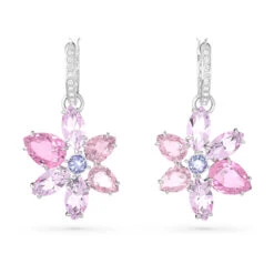 Gema Drop Earrings, Mixed Cuts, Flower, Pink, Rhodium Plated 5658397 | Swarovski