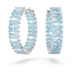 Matrix Hoop Earrings Baguette Cut, Blue, Rhodium Plated 5659037 | Swarovski