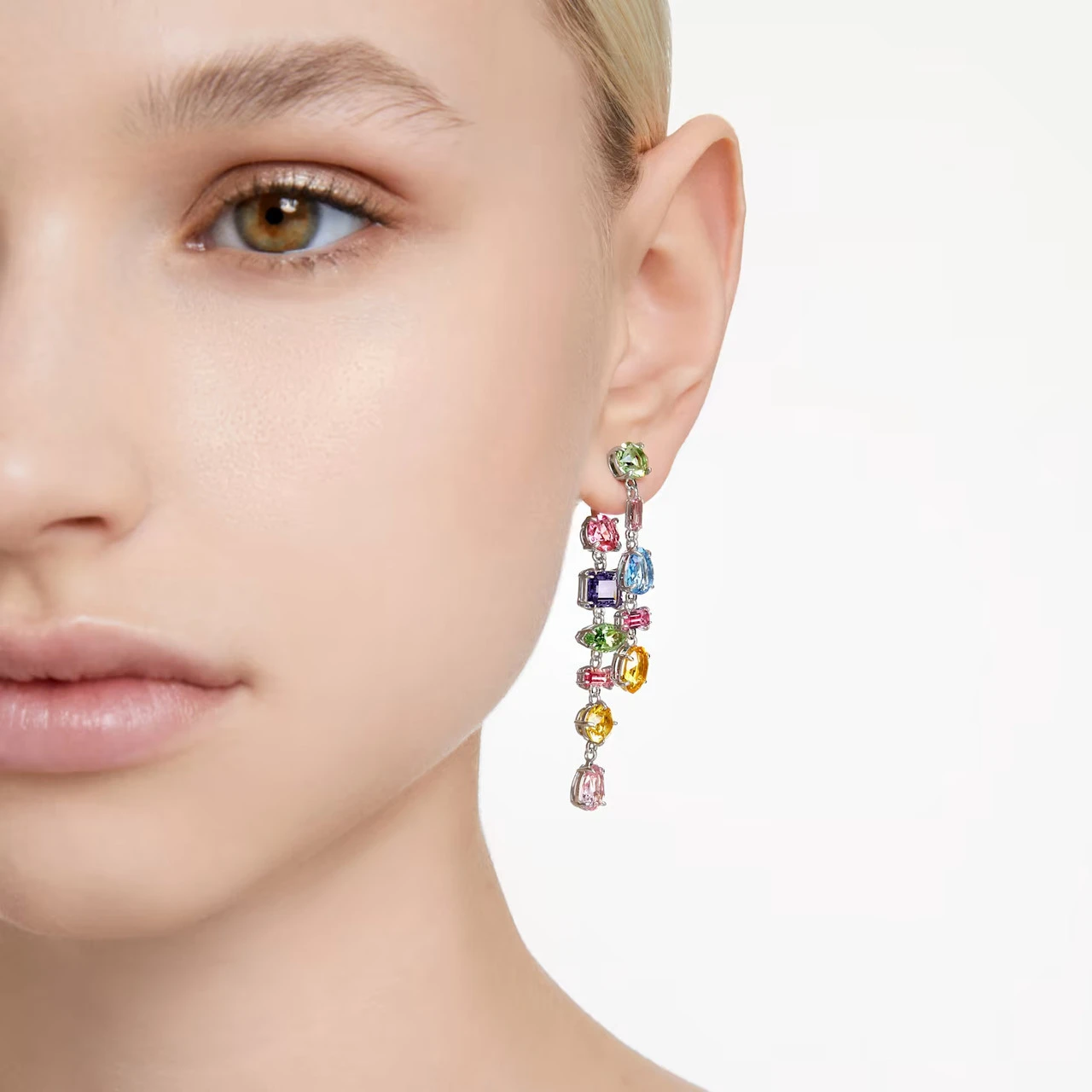 Gema Drop Earrings, Asymmetrical Design, Mixed Cuts, Long, Multicolored, Rhodium Plated 5656417 | Swarovski 8 Gema Drop Earrings, Asymmetrical Design, Mixed Cuts, Long, Multicolored, Rhodium Plated 5656417 | Swarovski - Image 6